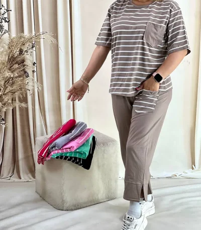 ست نخ پنبه زنانه راه‌راه جیب‌دار