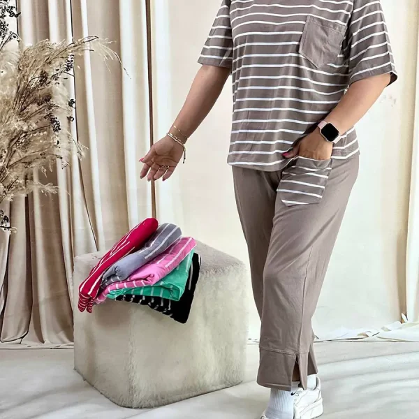 ست نخ پنبه زنانه راه‌راه جیب‌دار